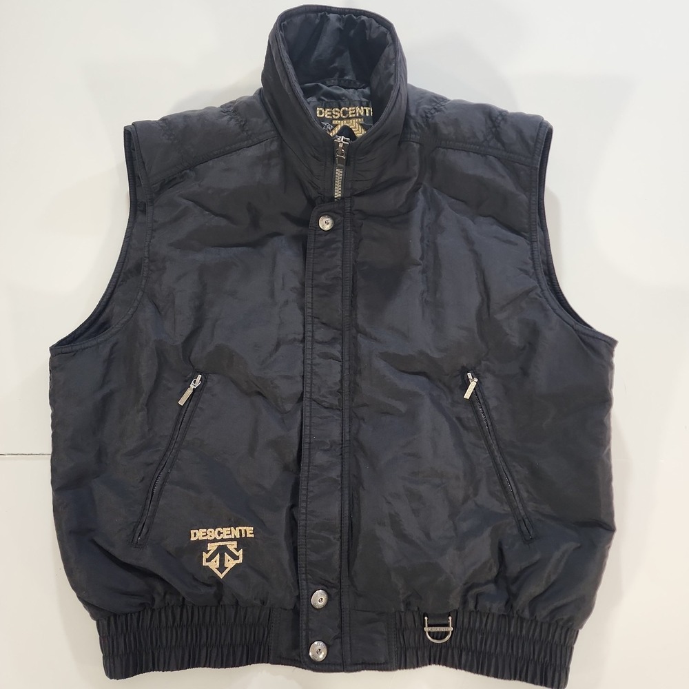 Vintage 90s Descente Puffer Ski Vest Men XL Black Gold Embroidered Globe Retro